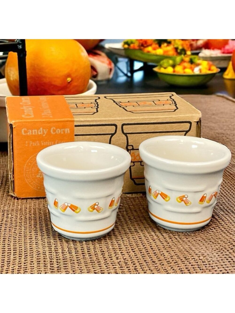 Longaberger Candy Corn 2 Pack Votive Cups Pottery Made in USA